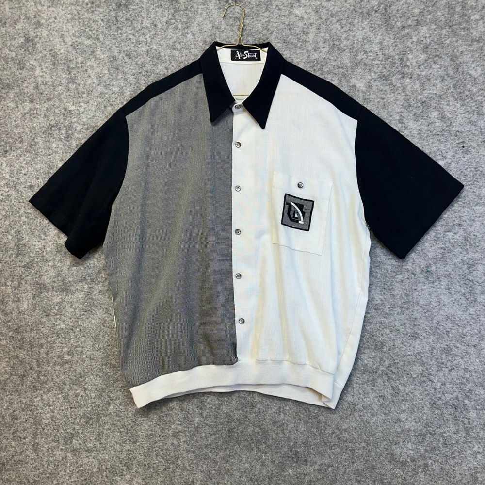 Alan Stuart Button Front Shirt Mens XL White Black Vintage Colorblock Banded Hem